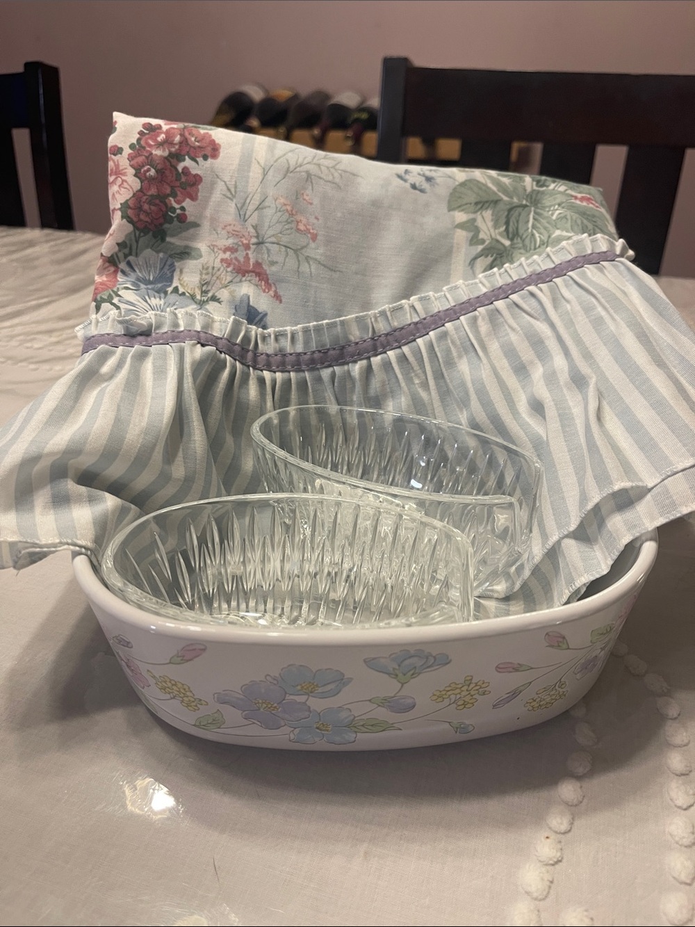Vintage Corningwere two sugar, bowls, and 1 window valance set .